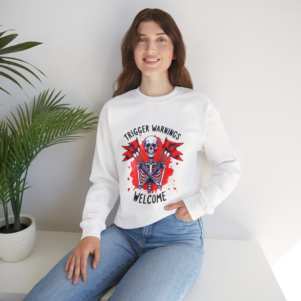 Skeleton Graphic Sweatshirt — "Trigger Warnings Welcome" Gothic Crewneck