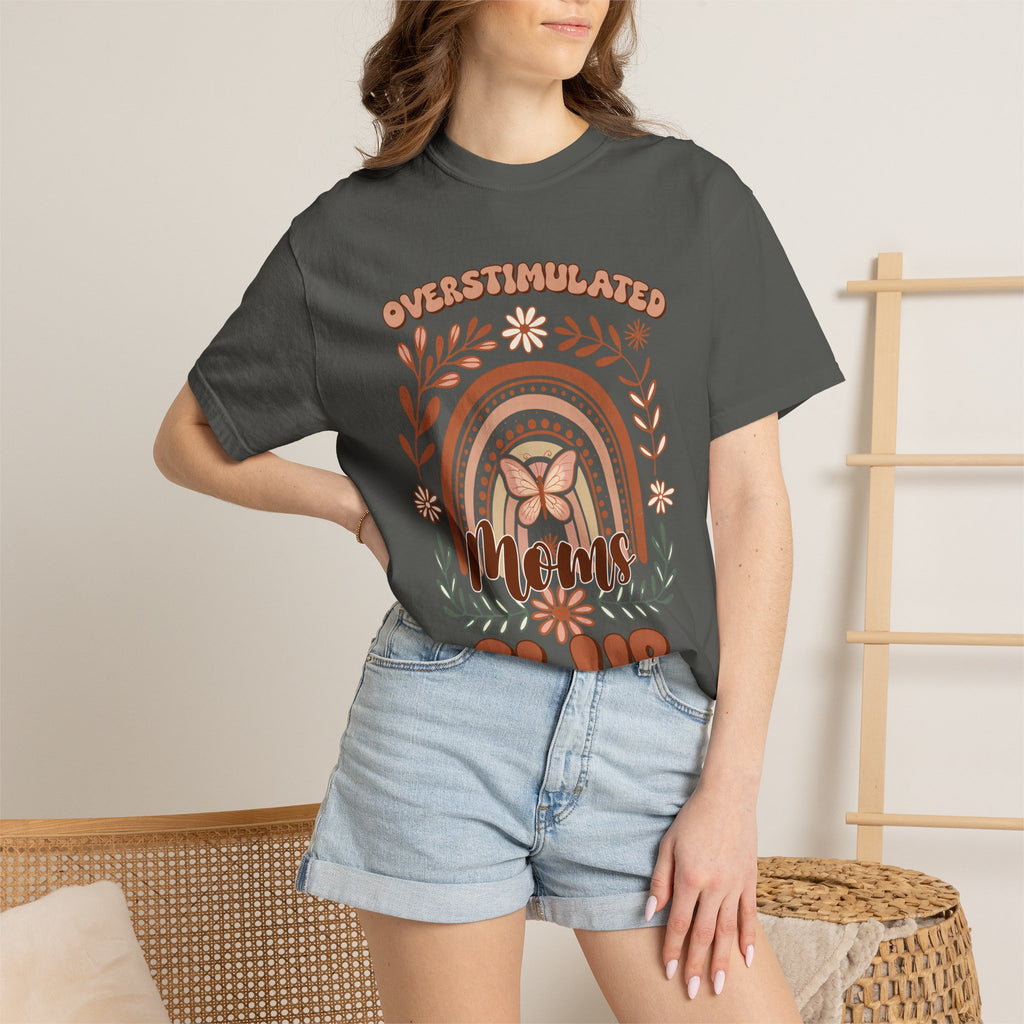 Moms Club Tee — "Overstimulated" Retro Floral Rainbow Mother's Day Shirt