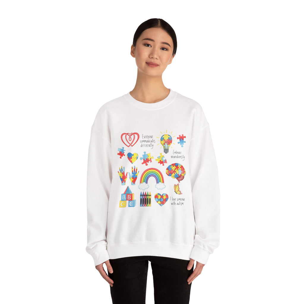 Autism Awareness Crewneck Sweatshirt — Puzzle Heart Rainbow Design