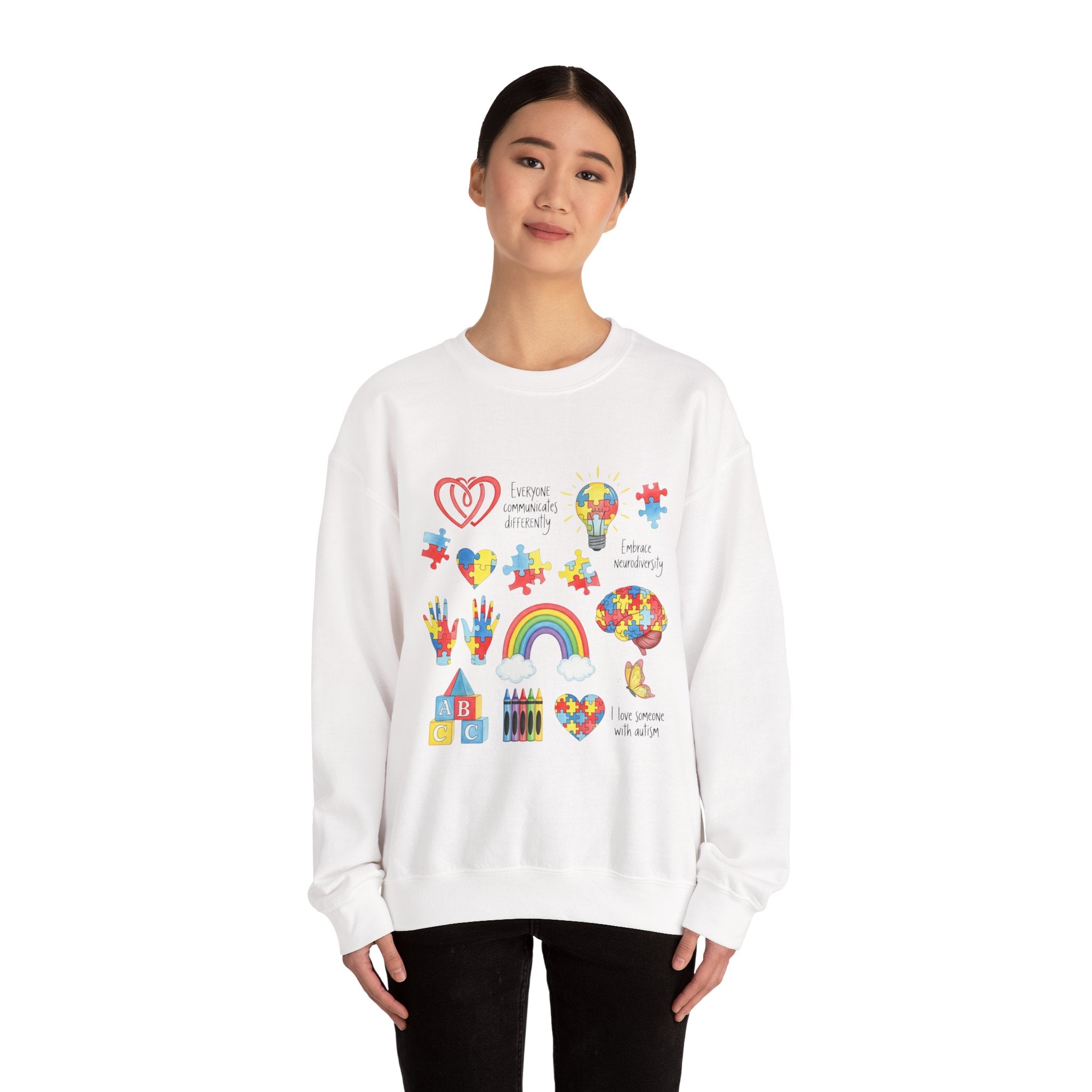 Autism Awareness Crewneck Sweatshirt — Puzzle Heart Rainbow Design