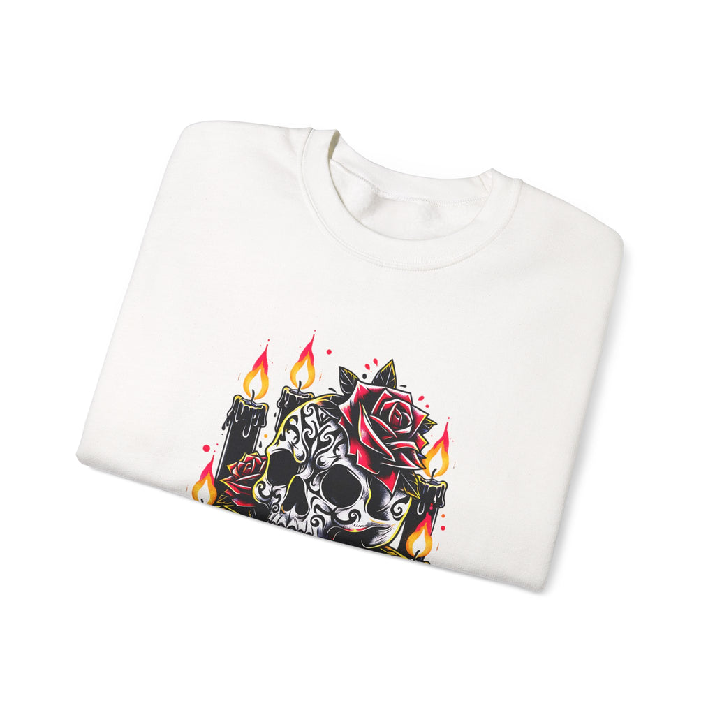 Skull & Rose Candle Crewneck Sweatshirt — Gothic Vintage Tattoo Design
