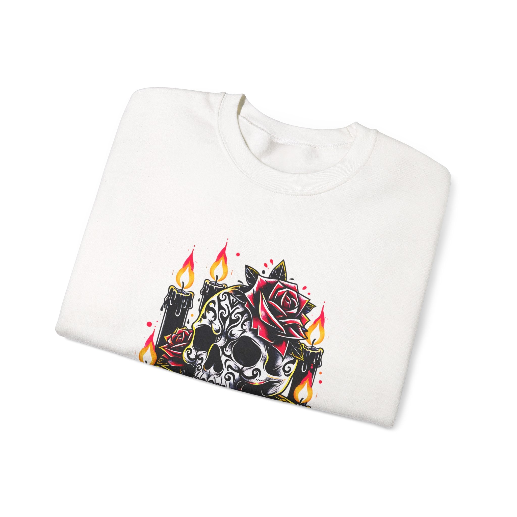 Skull & Rose Candle Crewneck Sweatshirt — Gothic Vintage Tattoo Design