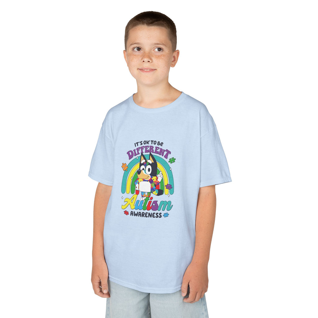 Kids Tee — "It's OK to Be Different" Autism Awareness Rainbow Design