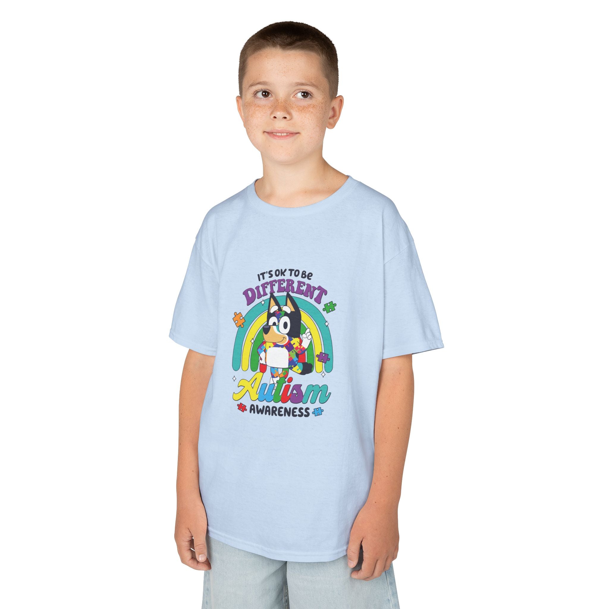 Kids Tee — "It's OK to Be Different" Autism Awareness Rainbow Design