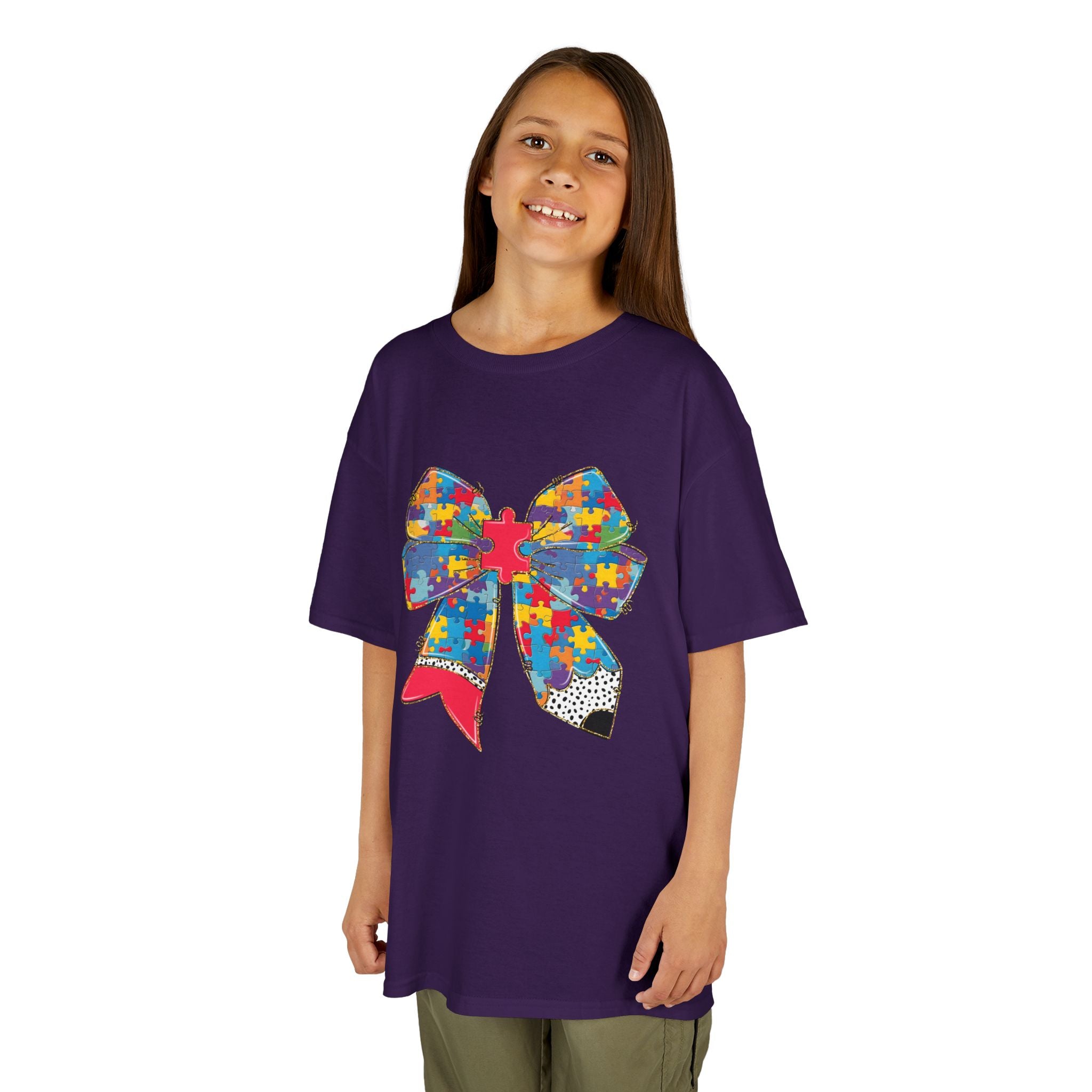 Autism Awareness Puzzle Bow Kids T‑Shirt – Autism Acceptance Gift
