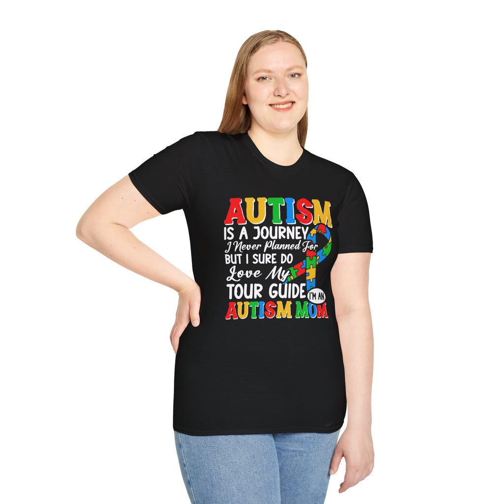 Autism Mom T-Shirt – “Autism Is a Journey…I Love My Tour Guide” Puzzle Ribbon Tee