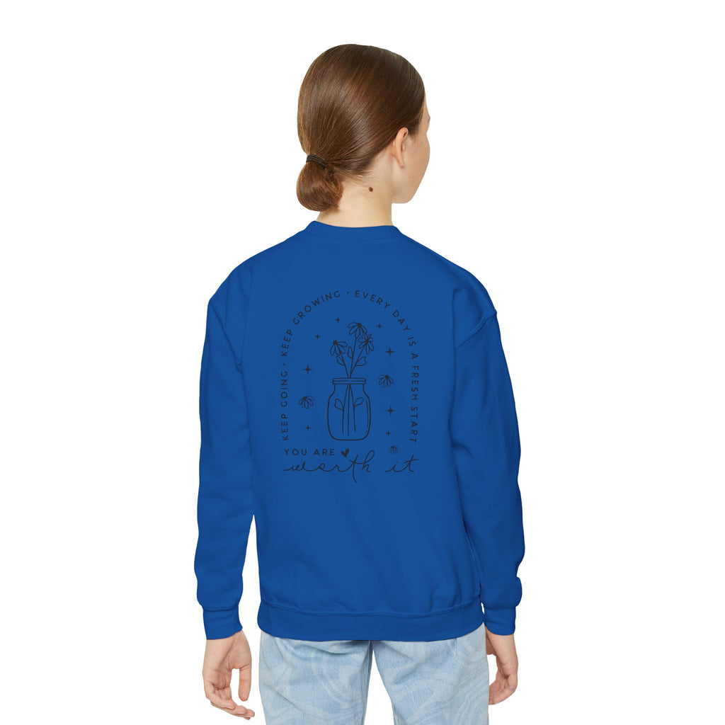 Youth Crewneck Sweatshirt — "You Are Worthy" Floral Graphic Sweatshirt
