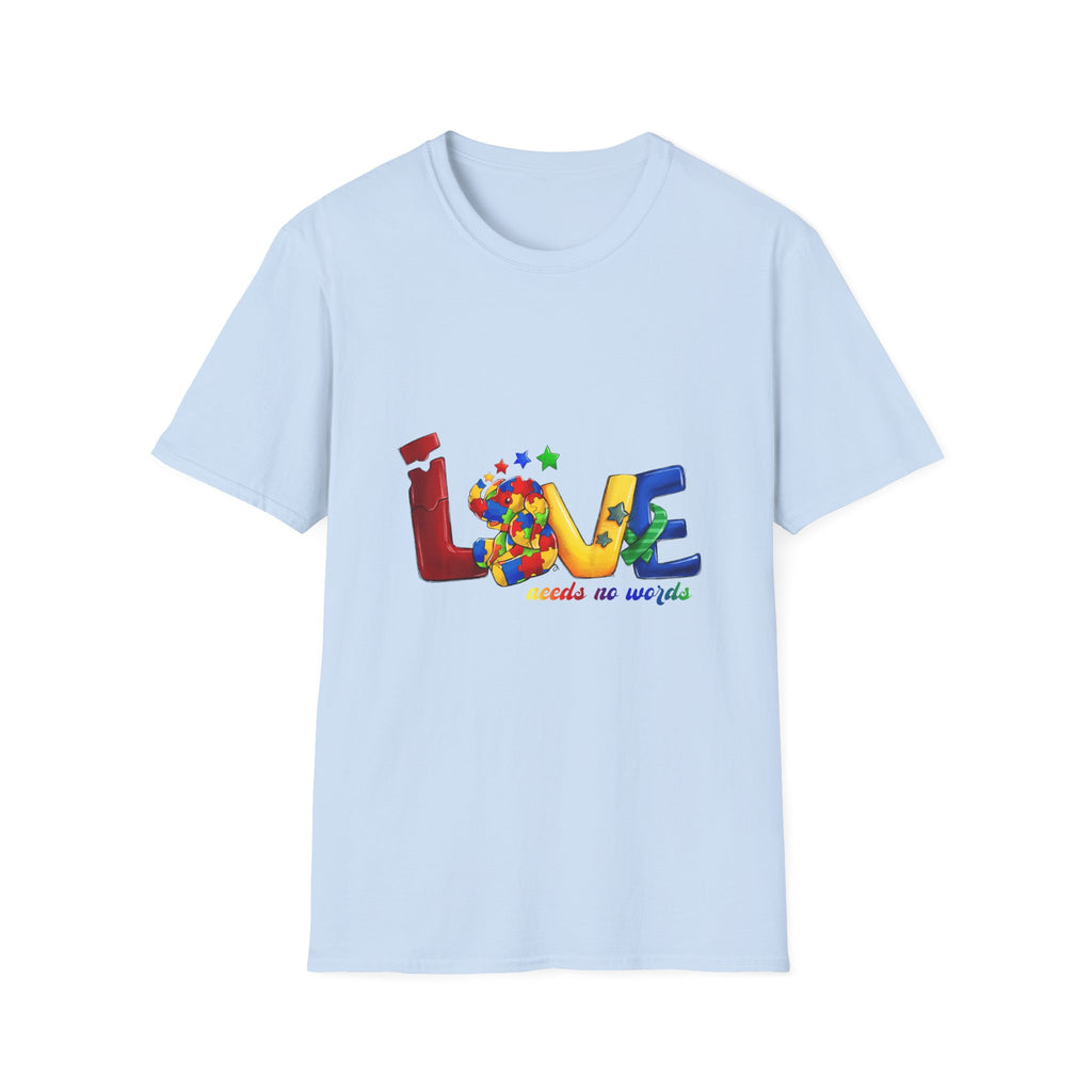 LOVE Needs No Words T‑Shirt — Colorful Puzzle Heart Autism Awareness Tee