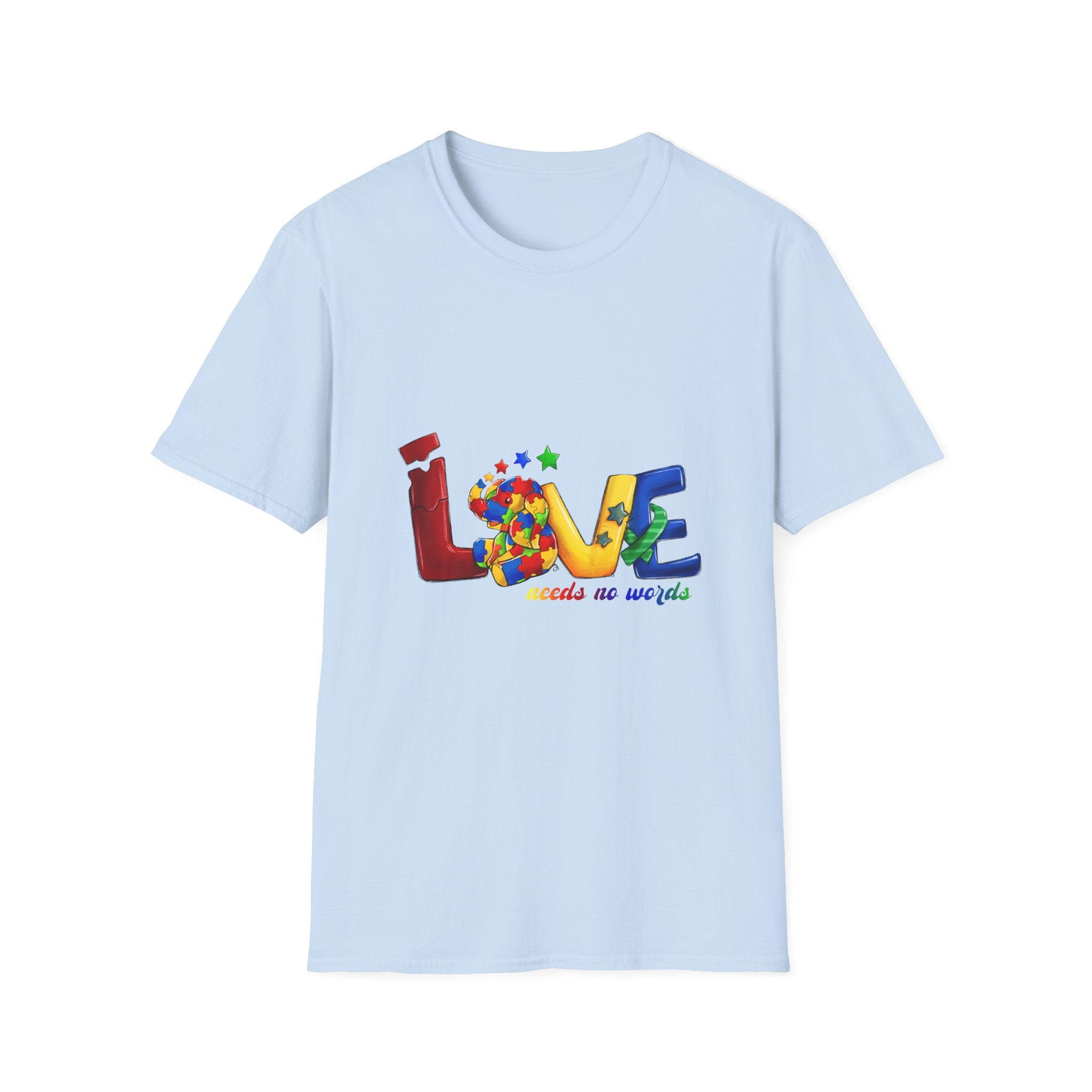 LOVE Needs No Words T‑Shirt — Colorful Puzzle Heart Autism Awareness Tee