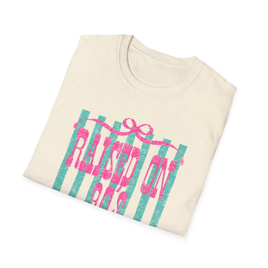 Raised On Rock & Country T-Shirt — Pink Teal Striped Graphic Tee