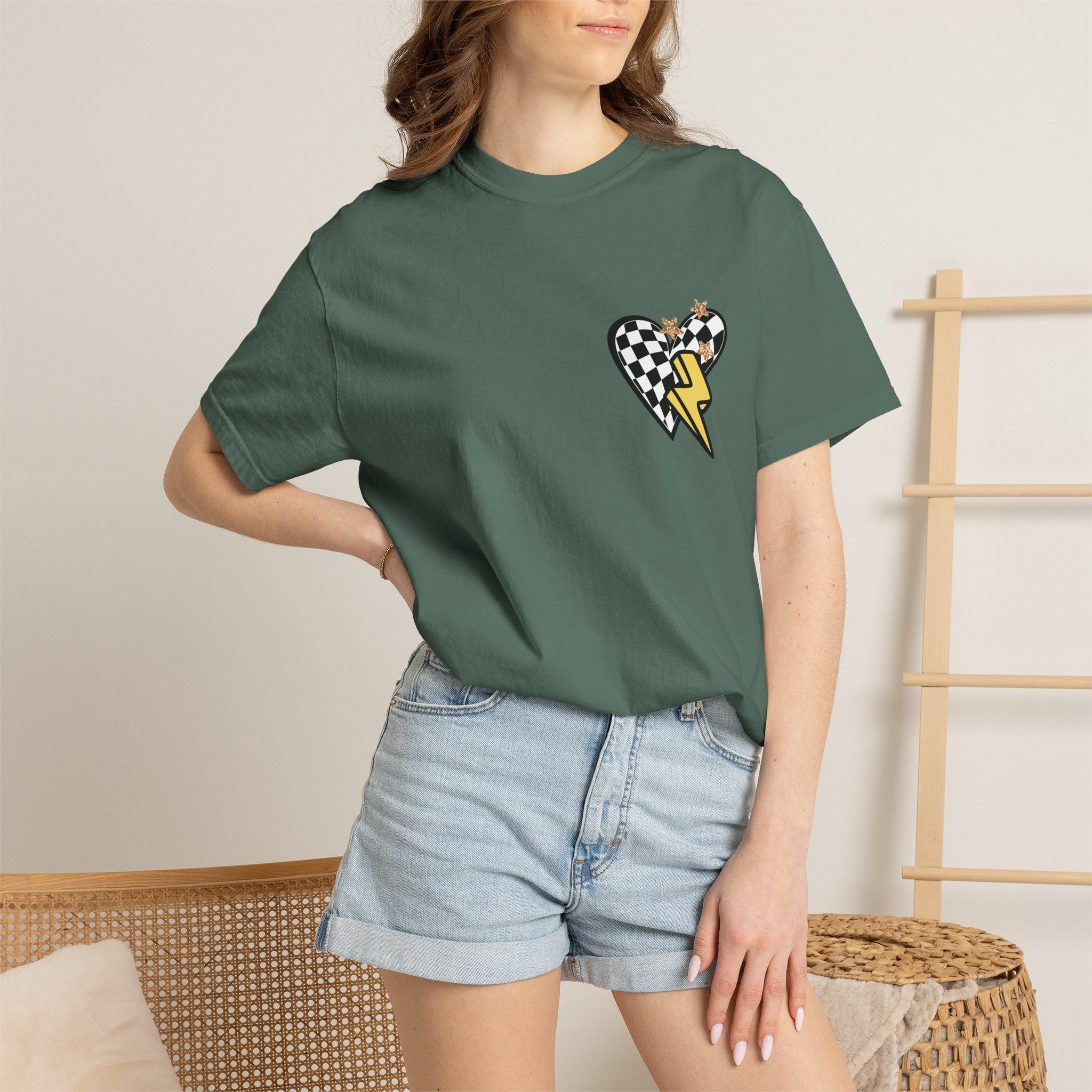 Graphic T-Shirt — Checker Heart & Tiger Collage Design