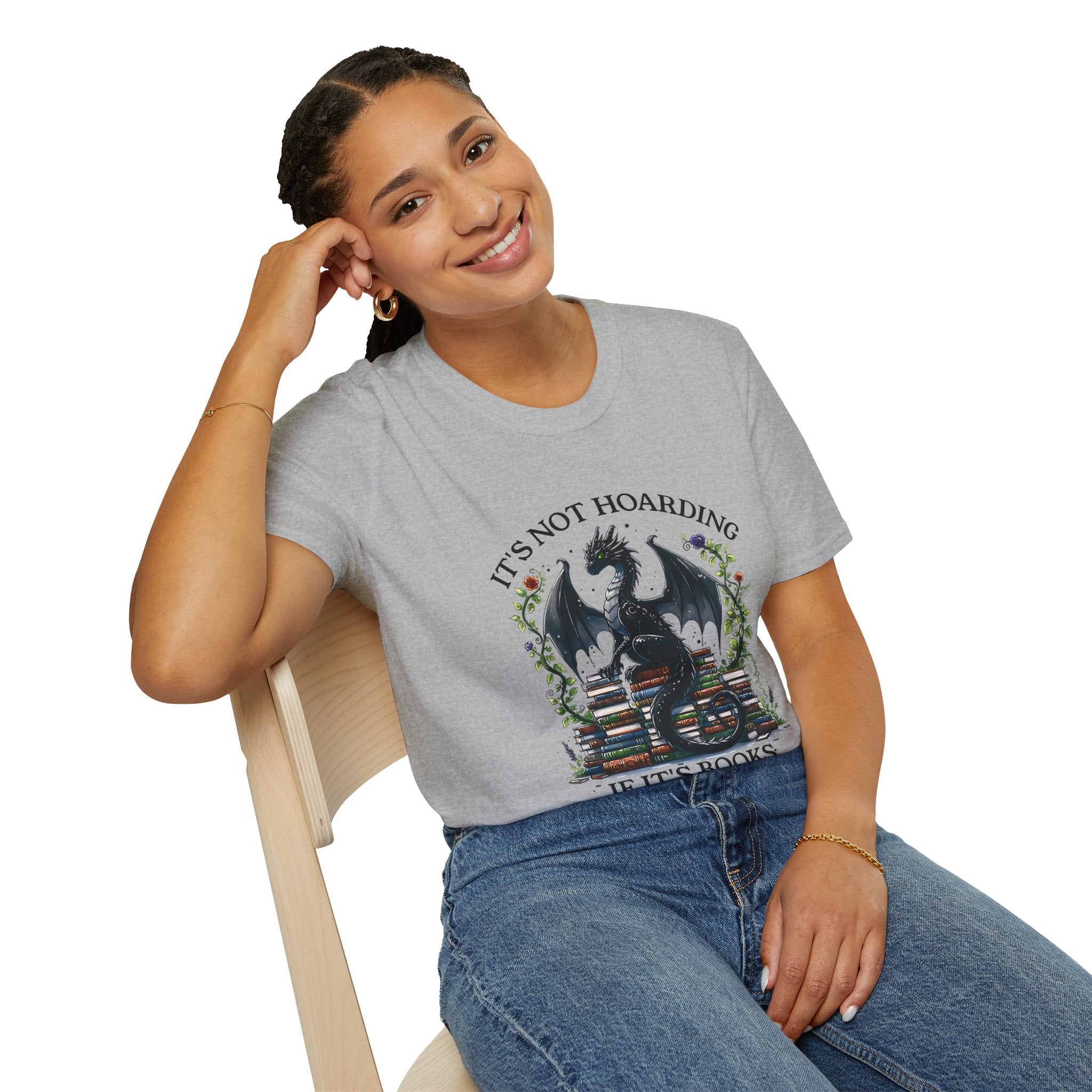 Dragon Reading T-Shirt — "It's Not Hoarding If It's Books" Book Lover Tee