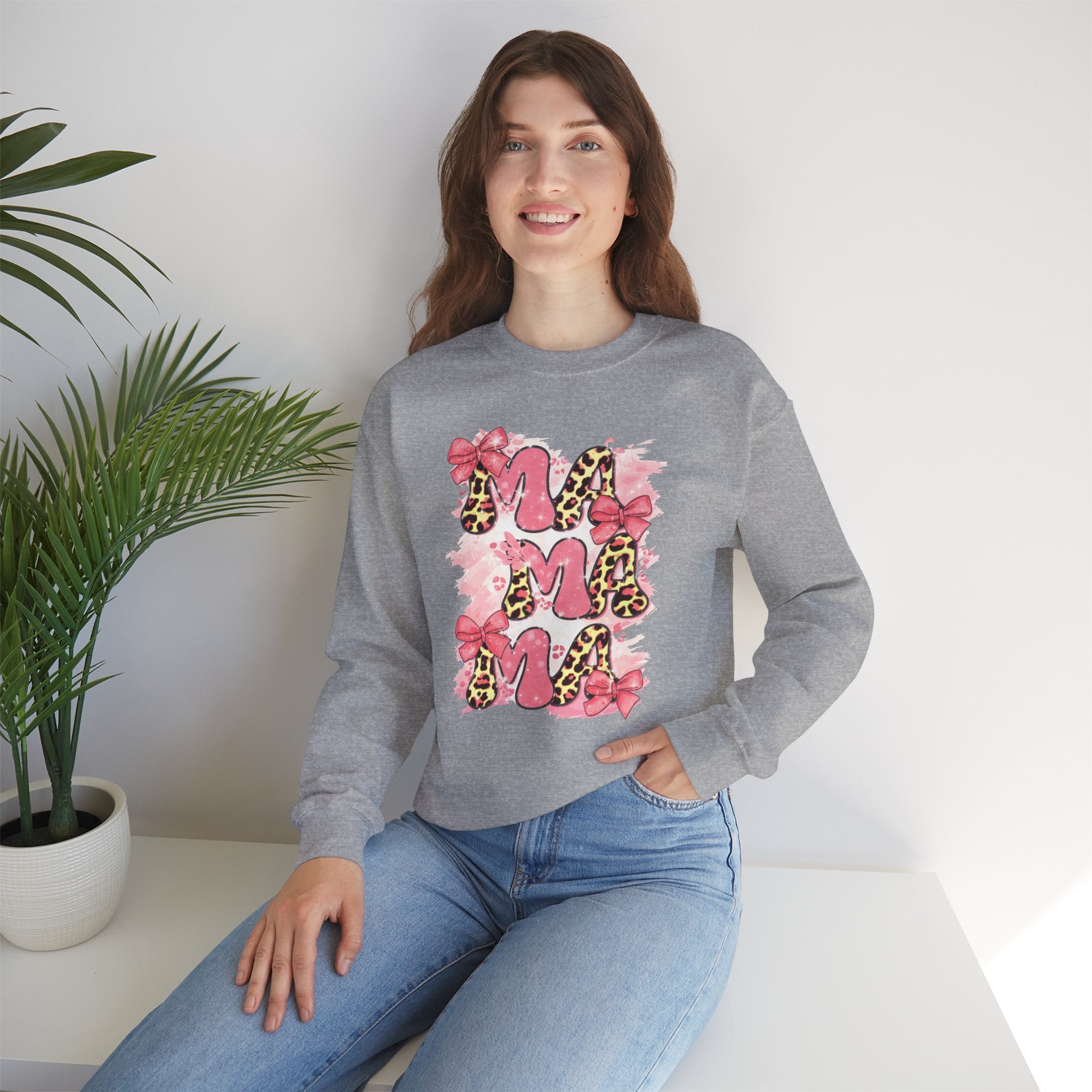 Sweatshirt — Pink Leopard “MOM” Design with Bows | Mother’s Day Cozy Crewneck