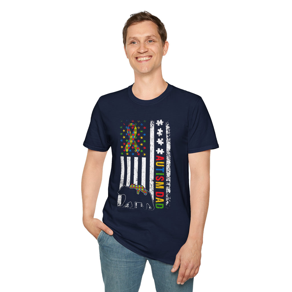 Autism Dad Flag T-Shirt — Puzzle Ribbon Elephant Pride Tee