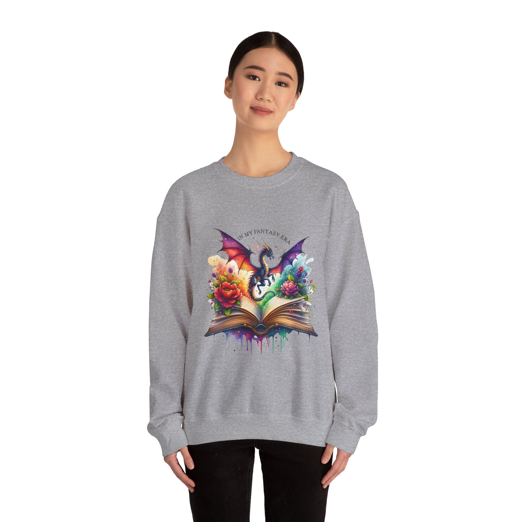 Crewneck Sweatshirt — Fantasy Dragon Emerging From Open Book with Flowers