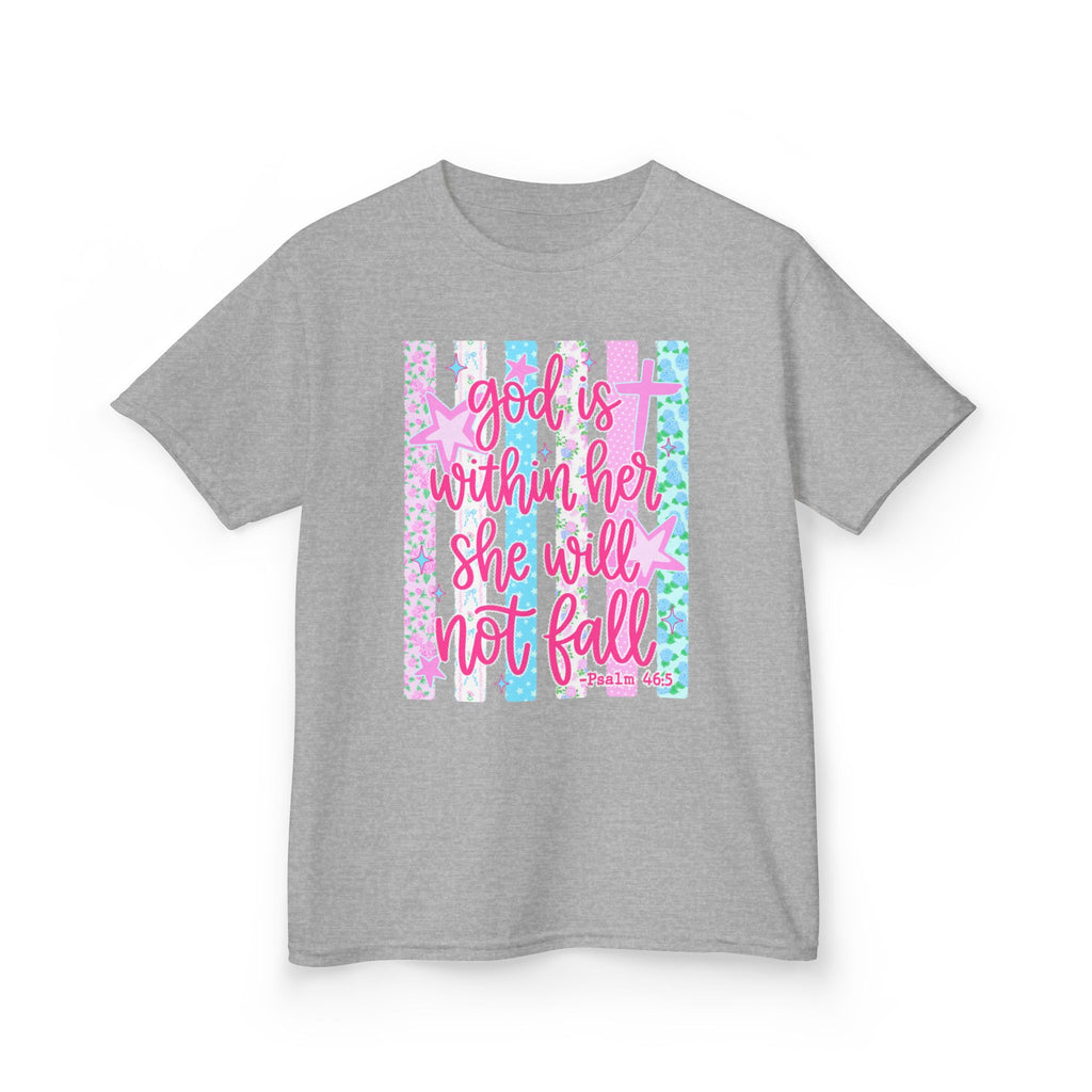 Kids Tee — "God is Within Her She Will Not Fall" Inspirational Girls T‑Shirt (Pink & Pastel)