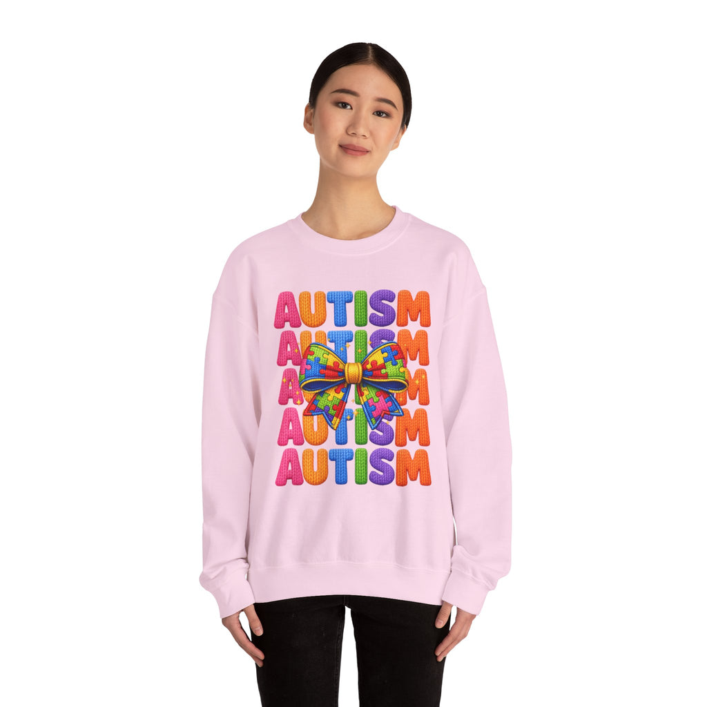 Autism Awareness Crewneck Sweatshirt — Colorful Puzzle Bow Design