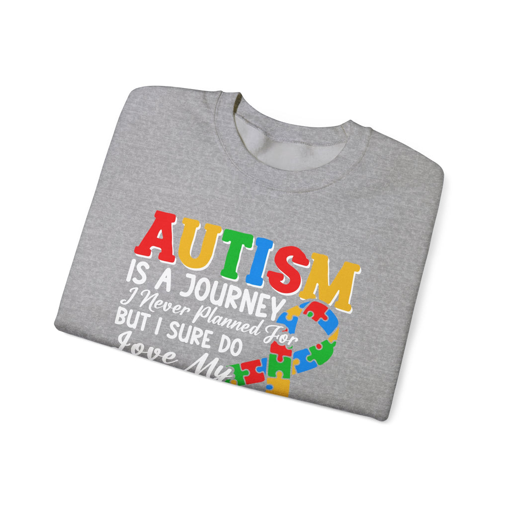 Autism Mom Crewneck Sweatshirt — "Autism Is A Journey" Colorful Puzzle-Heart Design