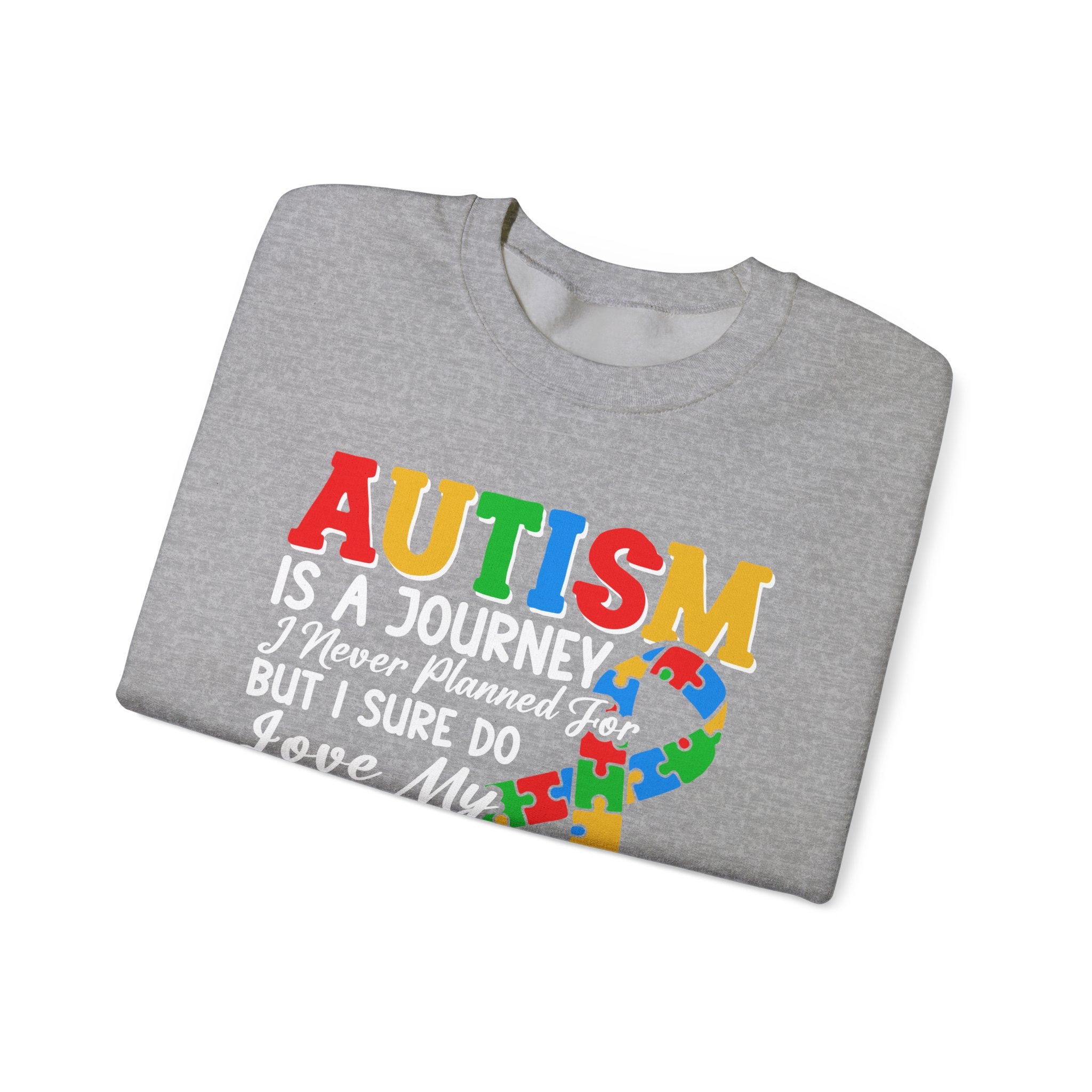 Autism Mom Crewneck Sweatshirt — "Autism Is A Journey" Colorful Puzzle-Heart Design