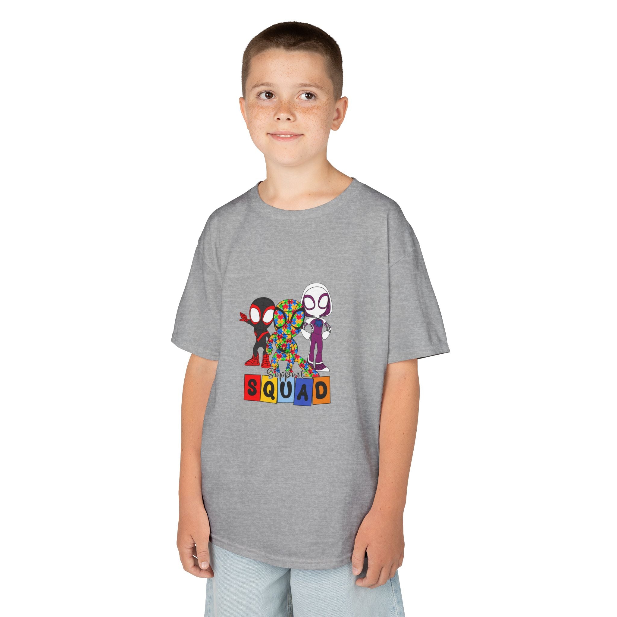 Kids T‑Shirt — 'SQUAD' Spider Heroes Block-Style Graphic