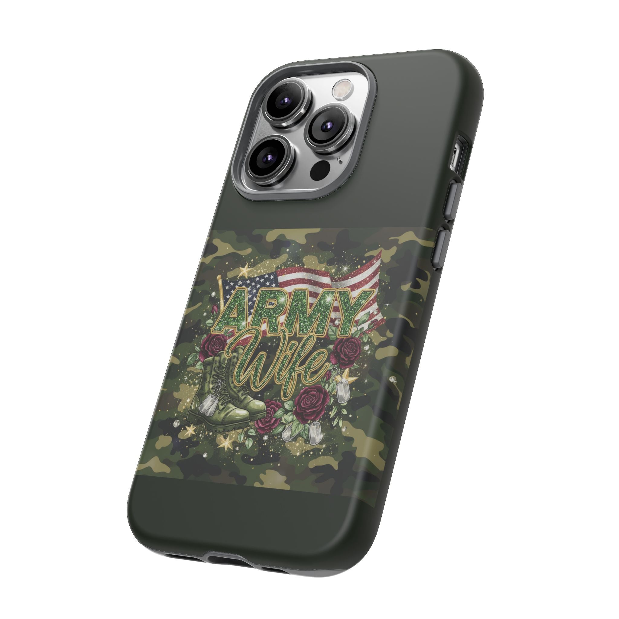 Army Wife Tough Phone Case — Camo Flag Design with Roses