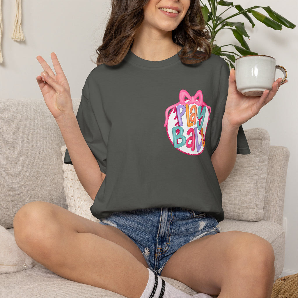Softball Tee — "Play Ball" Front & "Pitch, Batter, Batter, Swing" Heart Back