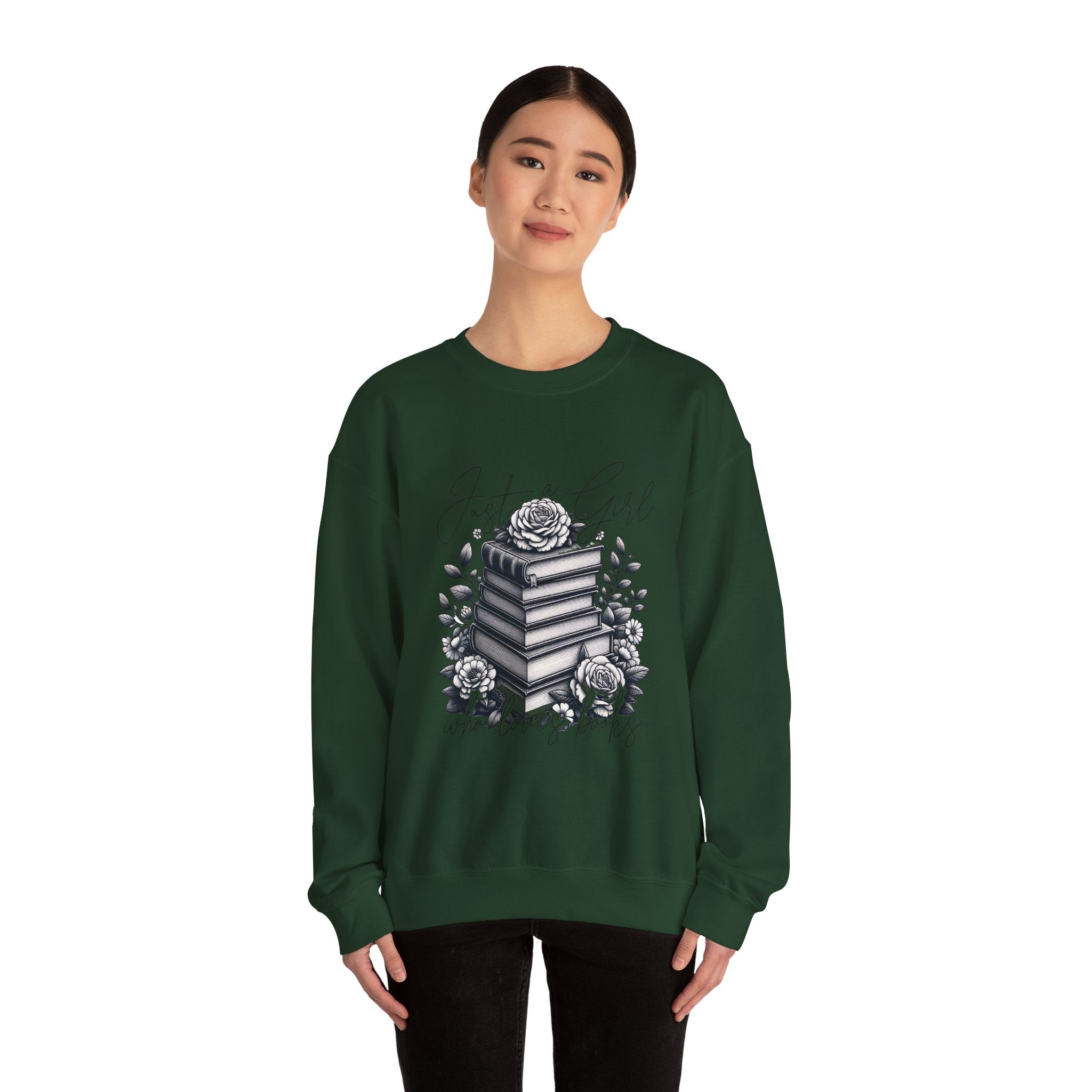 Book Lover Crewneck Sweatshirt — "Just a Girl Who Loves Books" Floral Stack Design