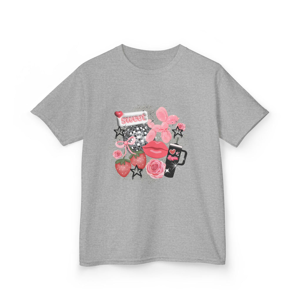 Kids Tee — Pink Floral Sticker Collage (Strawberries, Lips & Gadgets)