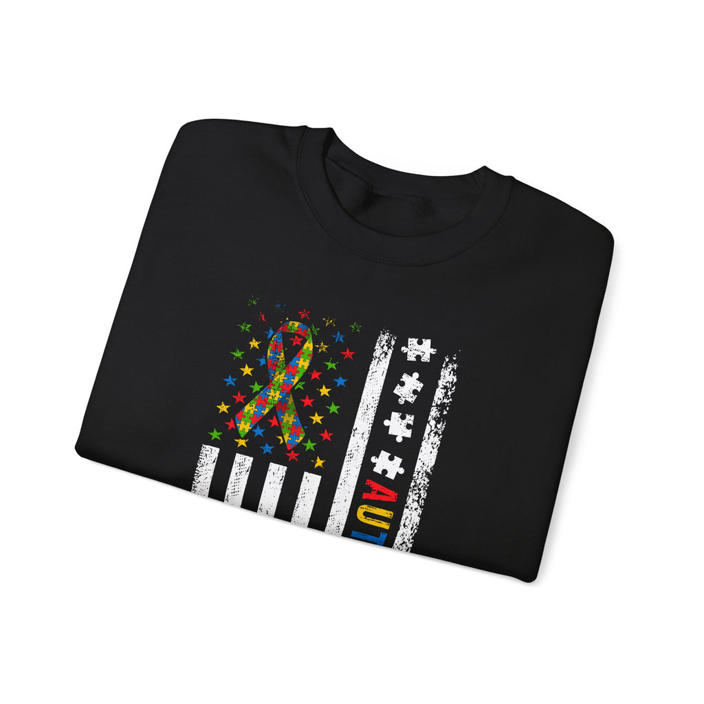 Autism Dad Crewneck Sweatshirt — American Flag Puzzle Ribbon Elephant Design