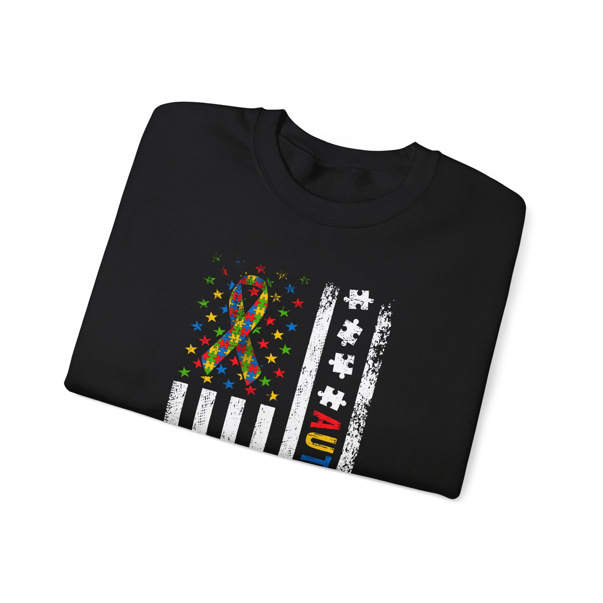Autism Dad Crewneck Sweatshirt — American Flag Puzzle Ribbon Elephant Design