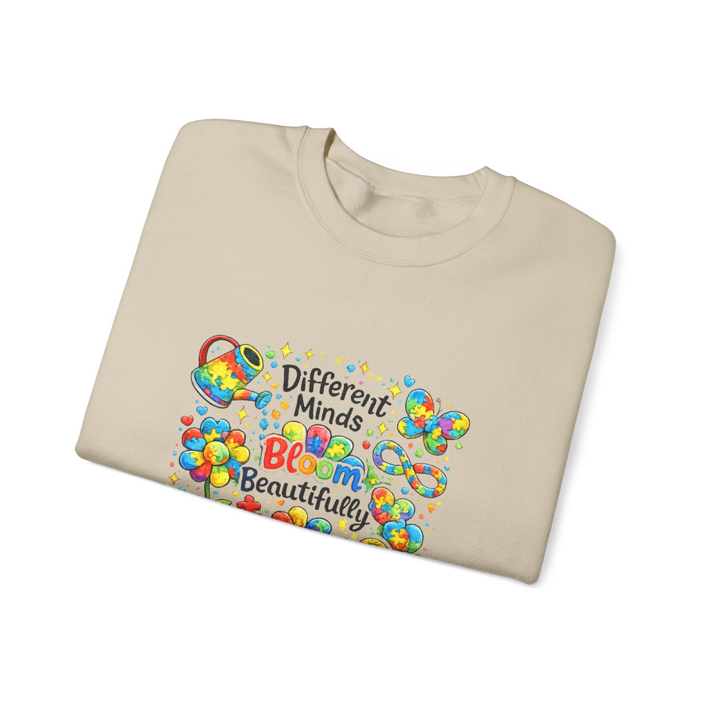 Autism Awareness Crewneck Sweatshirt — “Different Minds Bloom Beautifully” Colorful Puzzle Flower Design