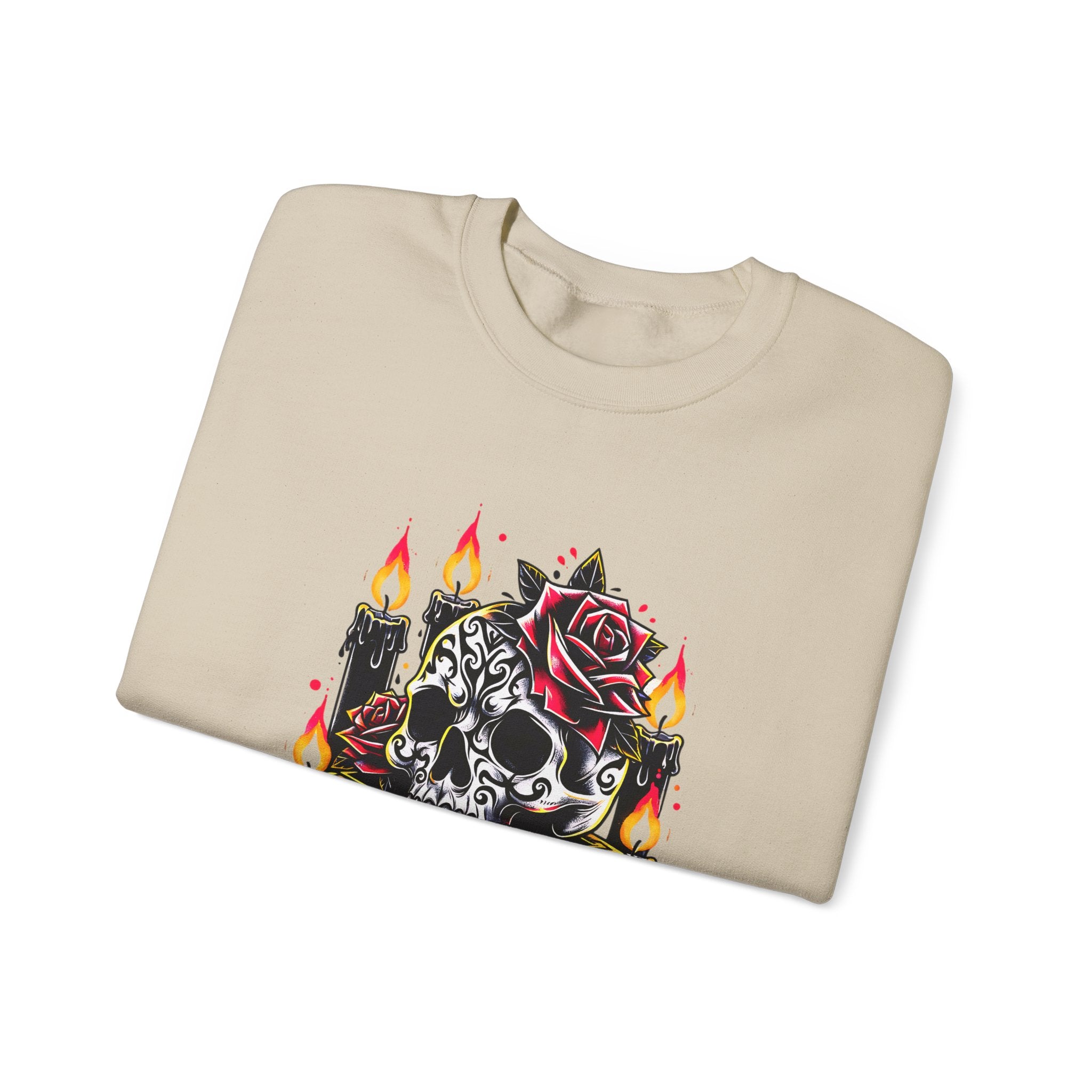 Skull & Rose Candle Crewneck Sweatshirt — Gothic Vintage Tattoo Design