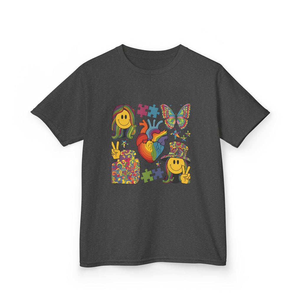Kids Tee — Colorful Psychedelic Smiley & Puzzle Heart Graphic