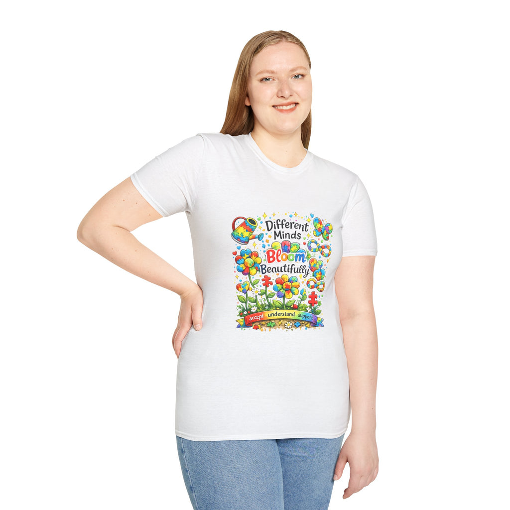 Autism Awareness T-Shirt – "Different Minds Bloom Beautifully" Colorful Puzzle Heart Design