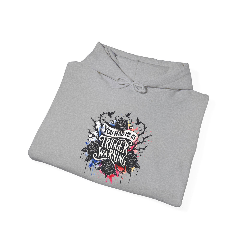 Trigger Warning Graphic Hoodie — Edgy Drip Paint Design