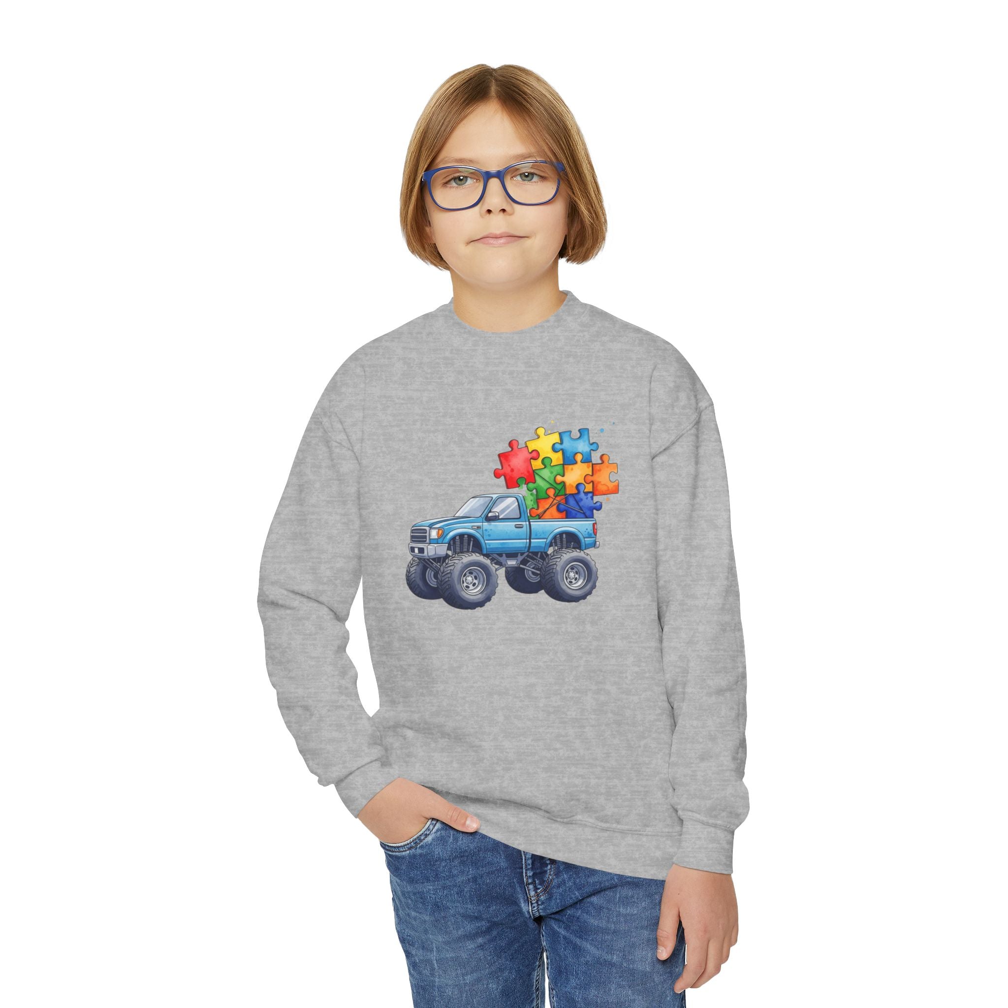 Kids Monster Truck Sweatshirt with Colorful Puzzle Pieces – Autism Awareness Crewneck