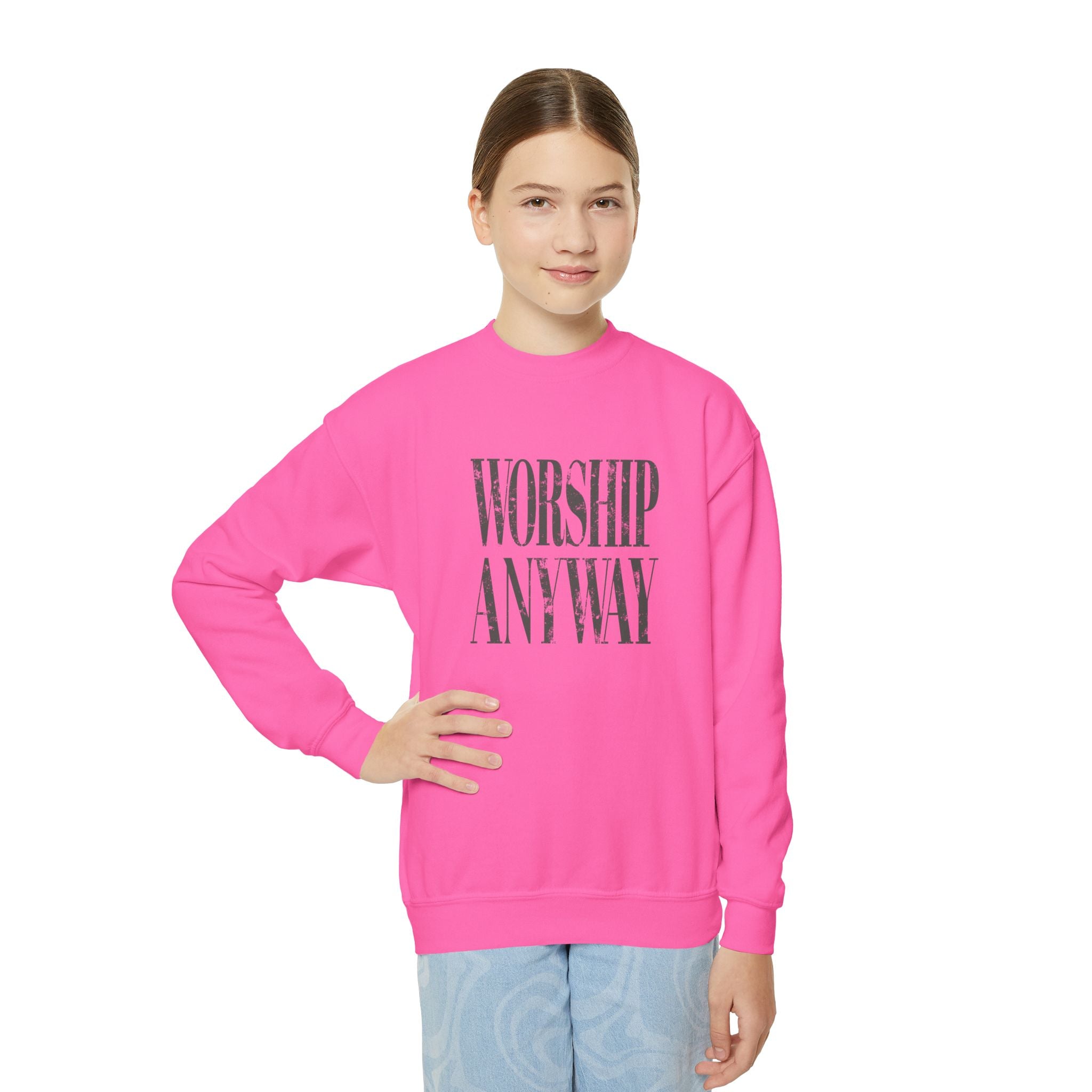 Youth Crewneck Sweatshirt – 'Worship Anyway' Inspirational Graphic Pullover