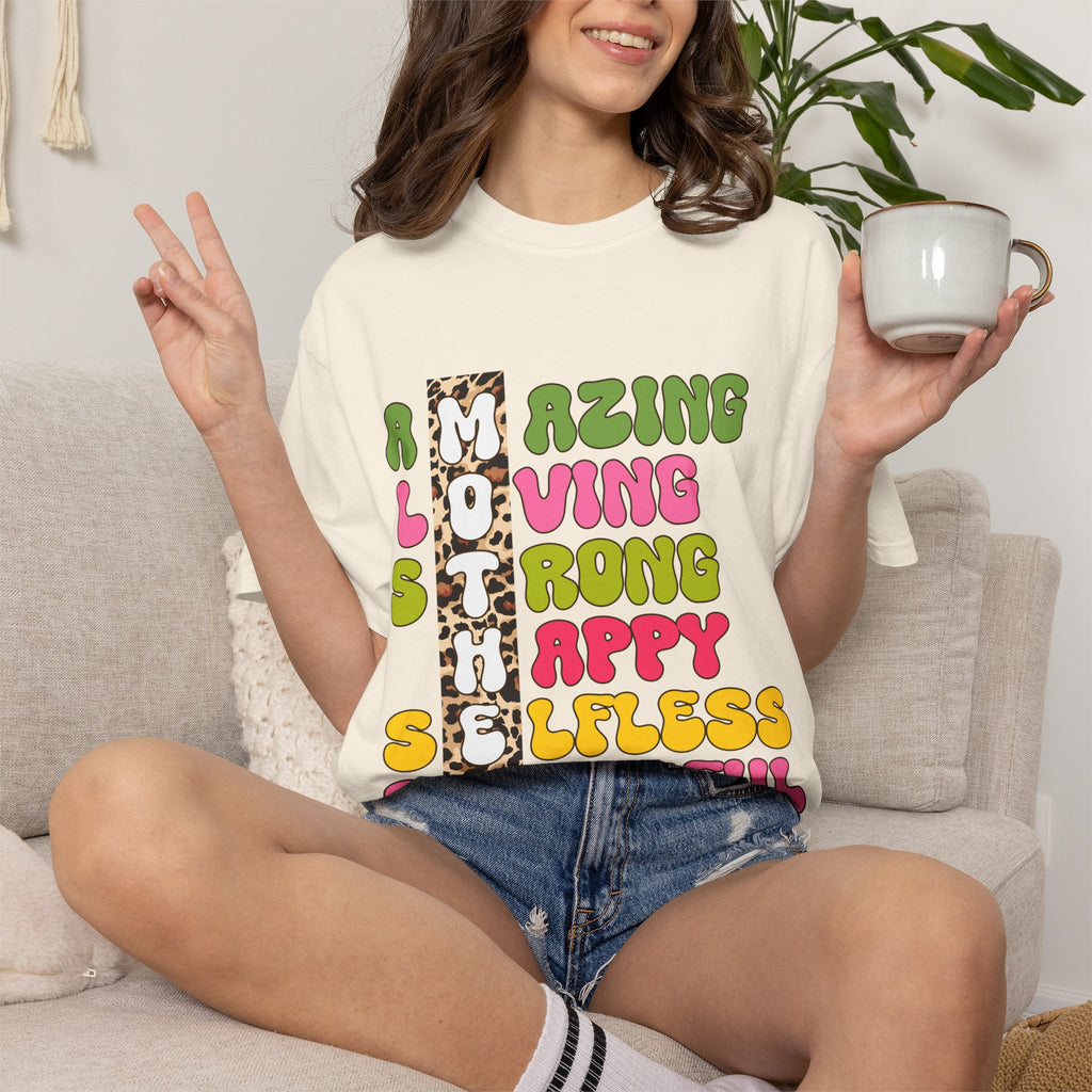 Mother Acrostic Graphic T-Shirt — Retro Bubble Letters & Leopard Accent