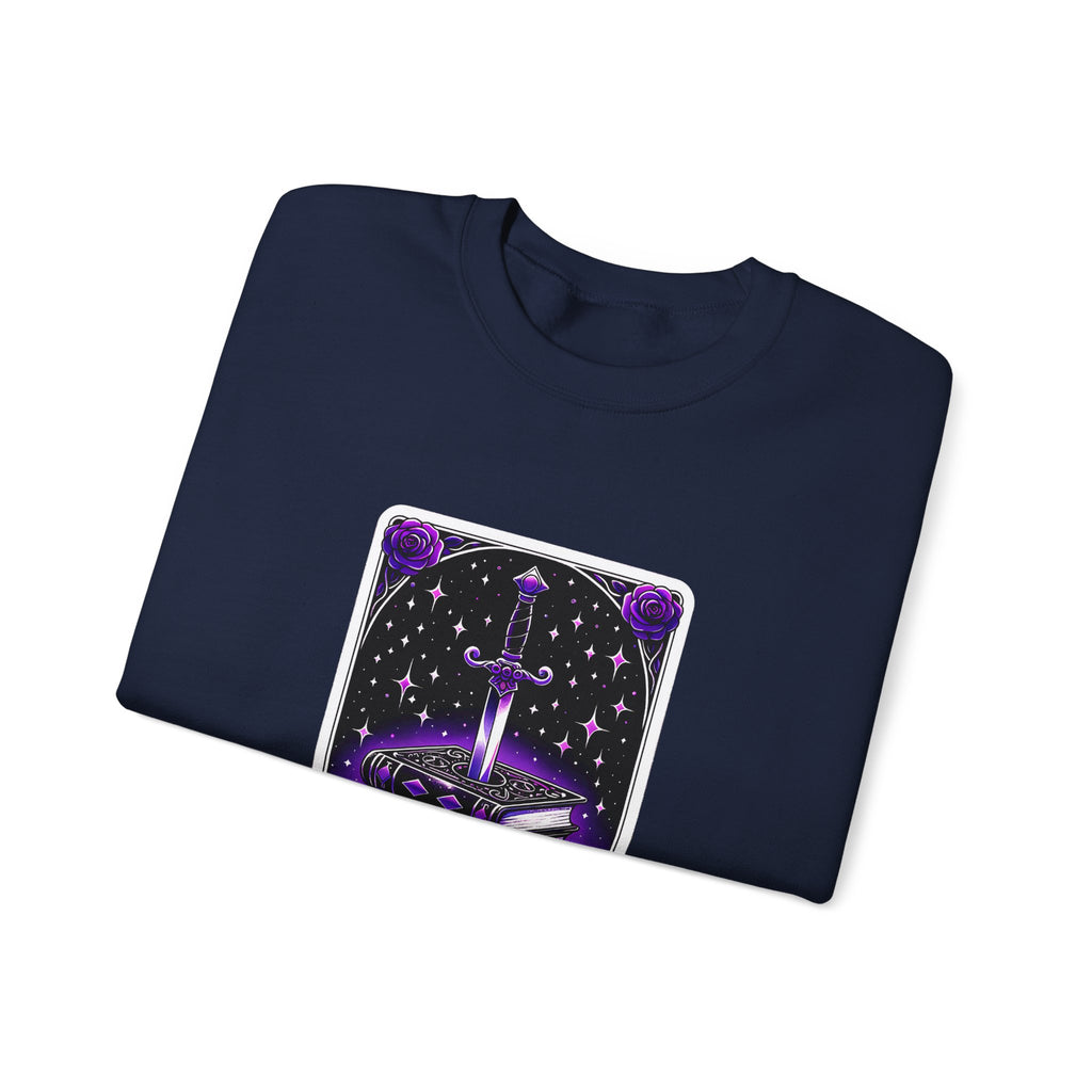 Crewneck Sweatshirt — The Bookish Witch: 'The Enchanted Book Club' Purple Sword & Books Graphic