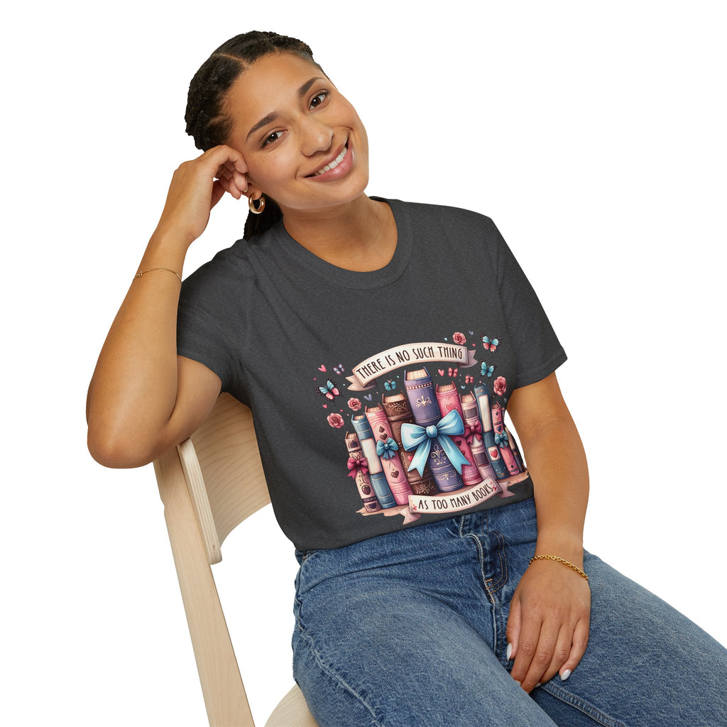 Book Lover T-Shirt — "There Is No Such Thing As Too Many Books" Illustrated Stack Design