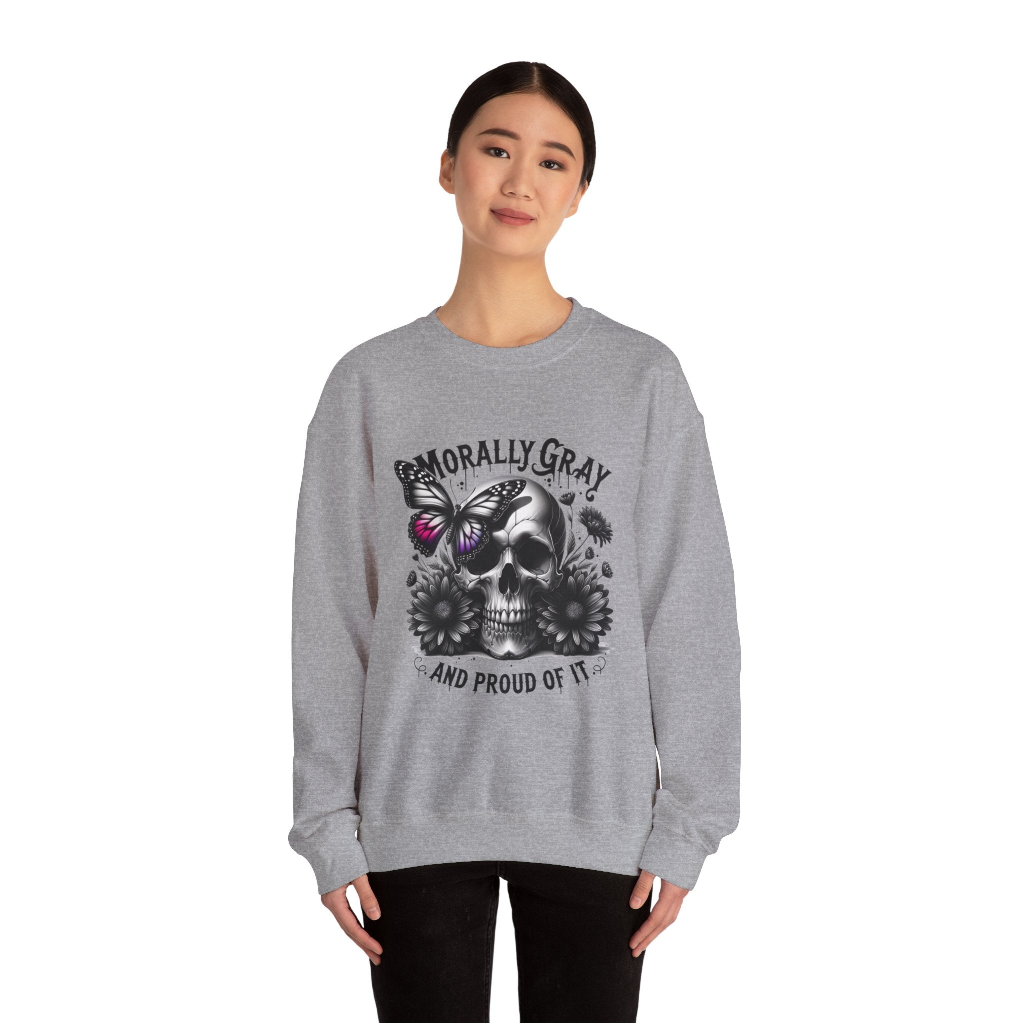 Morally Gray Skull Crewneck Sweatshirt – "Morally Gray and Proud of It" Gothic Butterfly Design