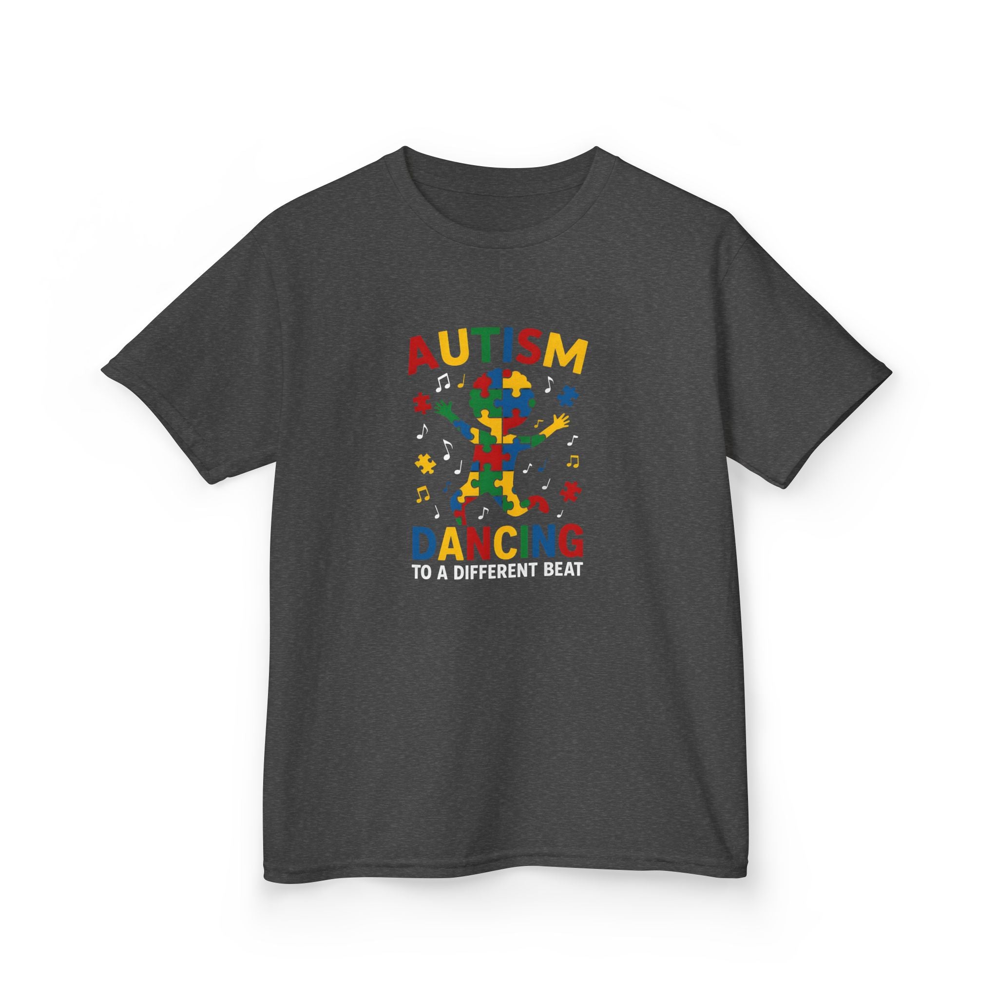 Kids T-Shirt — 'Autism Dancing' Colorful Puzzle-Child Silhouette Tee