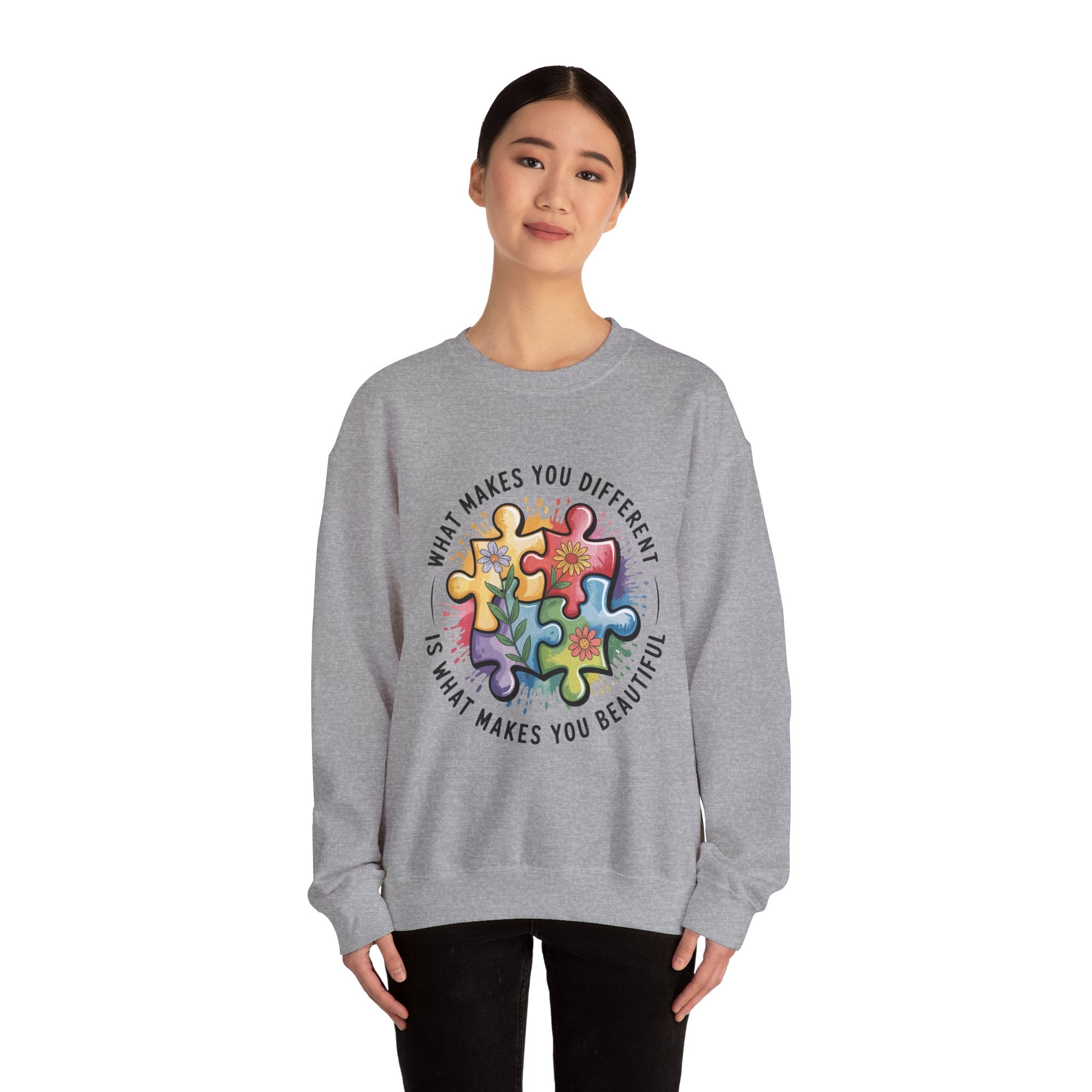 Autism Awareness Crewneck Sweatshirt — “What Makes You Different Is What Makes You Beautiful”