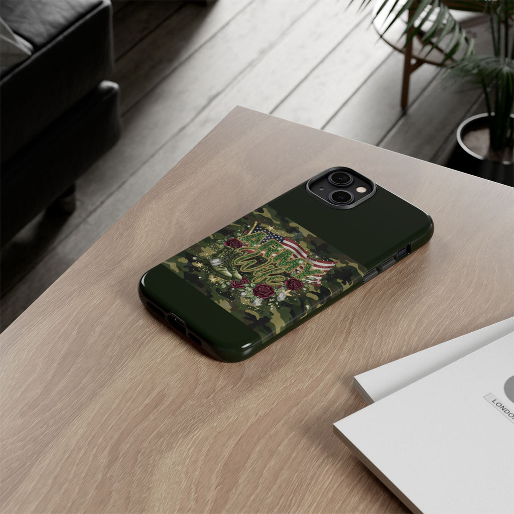 Army Wife Tough Phone Case — Camo Flag Design with Roses