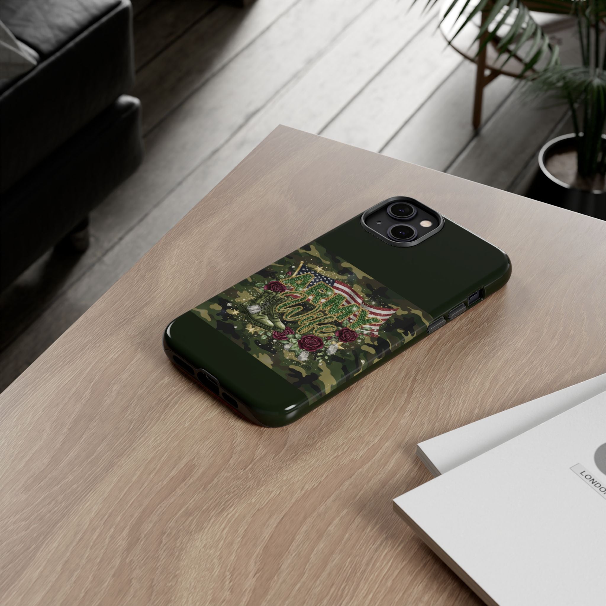Army Wife Tough Phone Case — Camo Flag Design with Roses