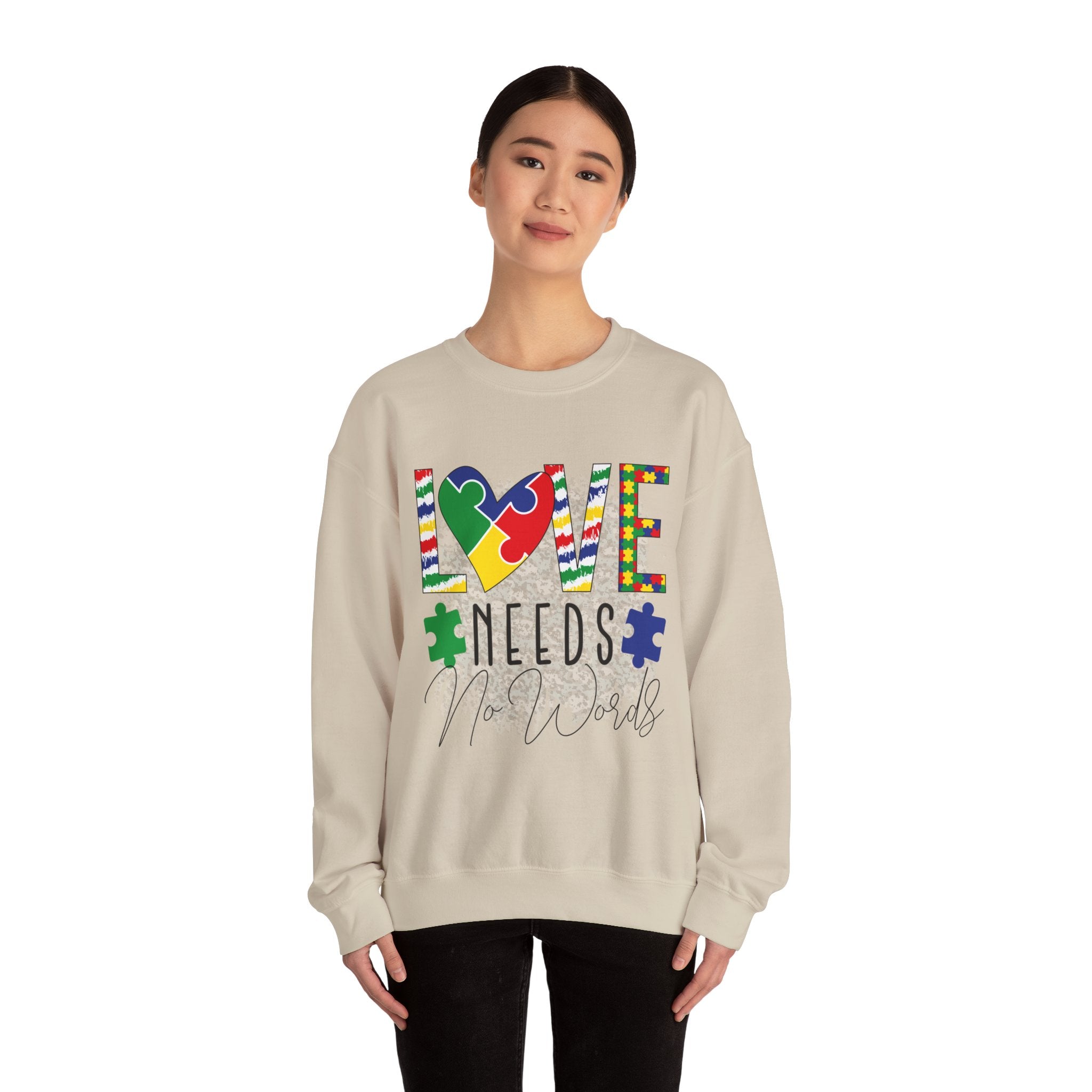 Autism Awareness Crewneck Sweatshirt — "Love Needs No Words" Puzzle Heart Design