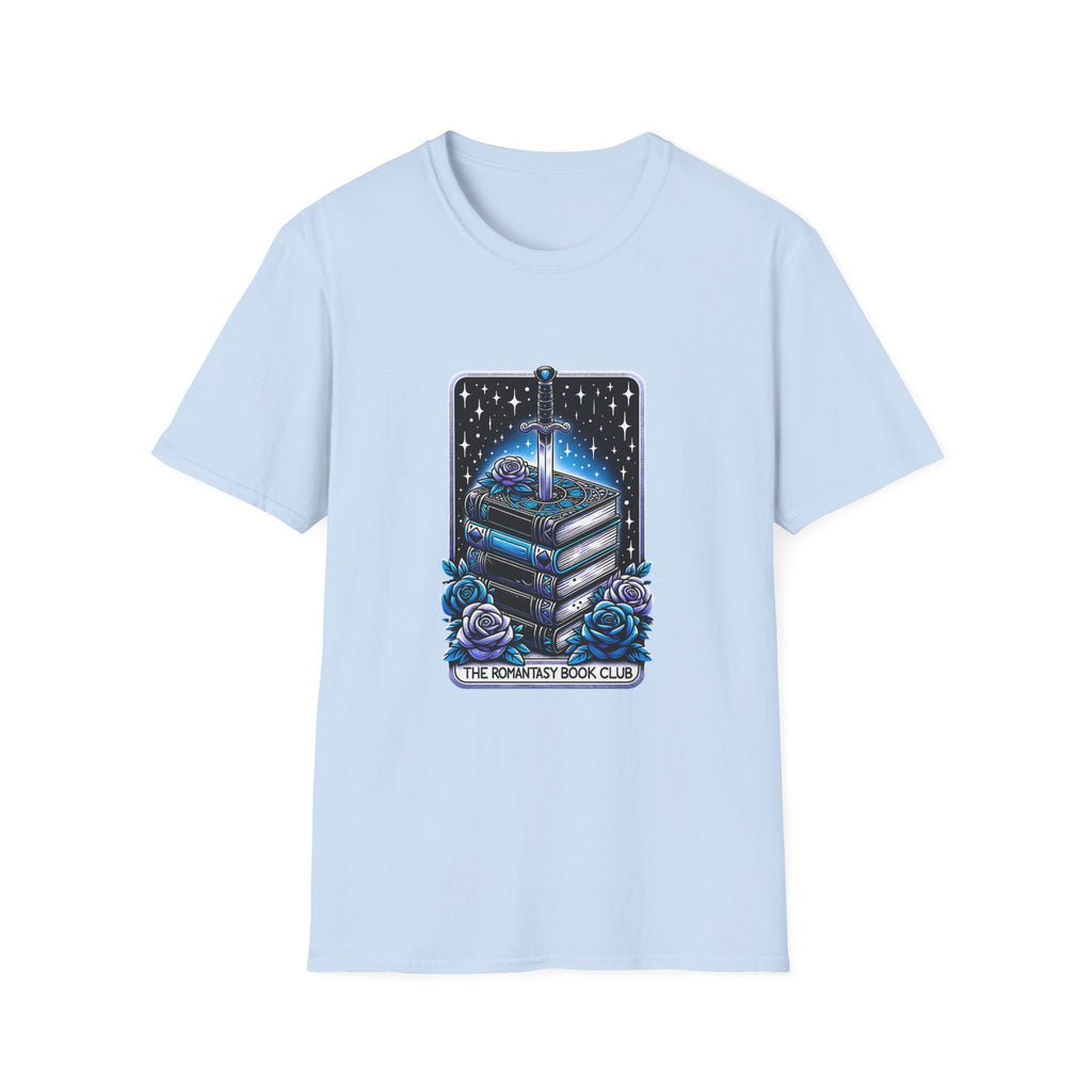 Fantasy Book Club T-Shirt — Stacked Books & Sword Night Sky Design