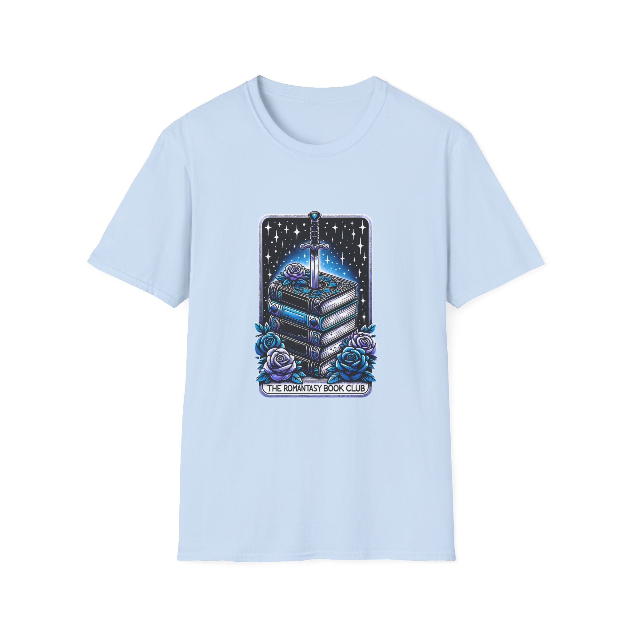 Fantasy Book Club T-Shirt — Stacked Books & Sword Night Sky Design