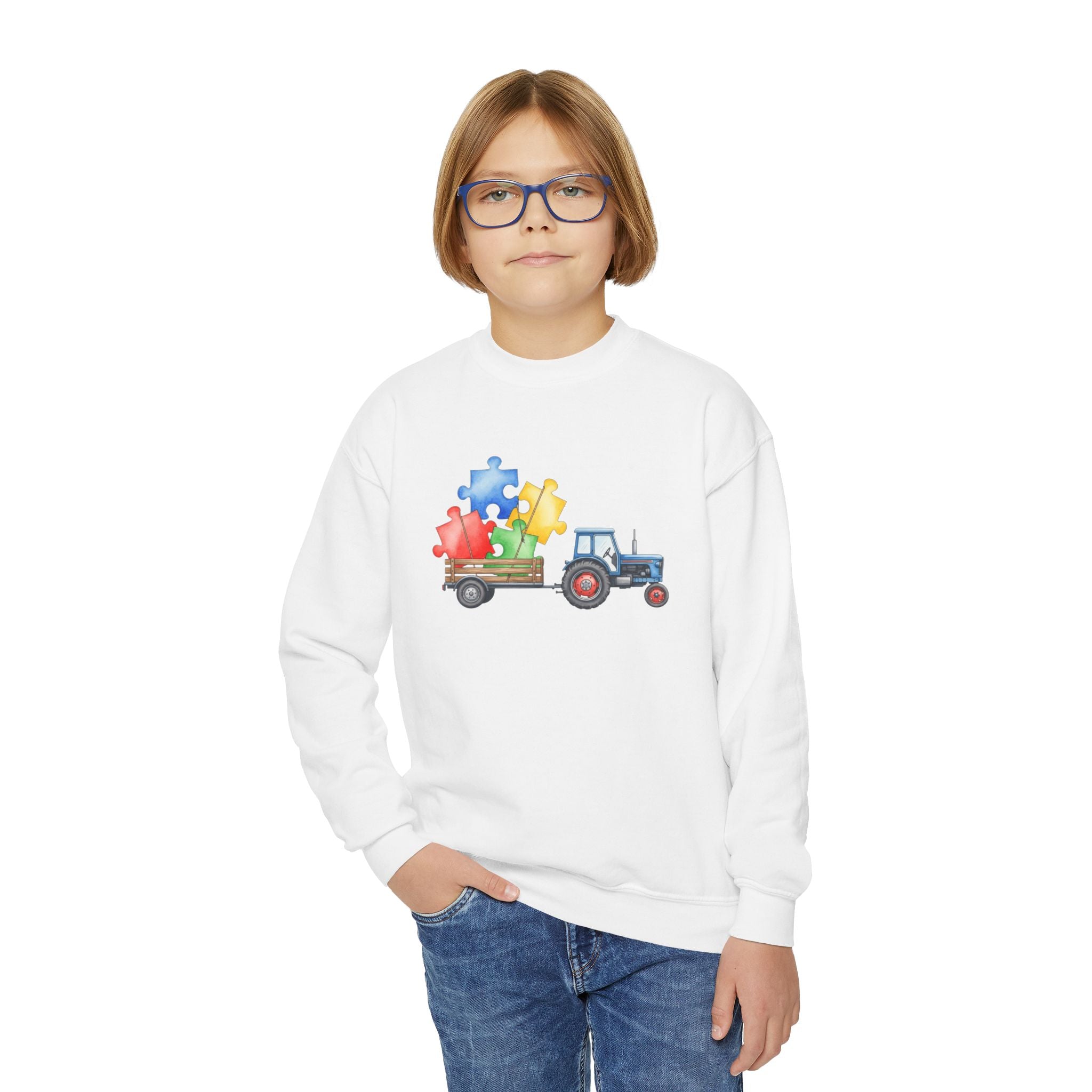 Youth Crewneck Sweatshirt – Tractor with Colorful Puzzle Pieces Kids Pullover (Autism Awareness)