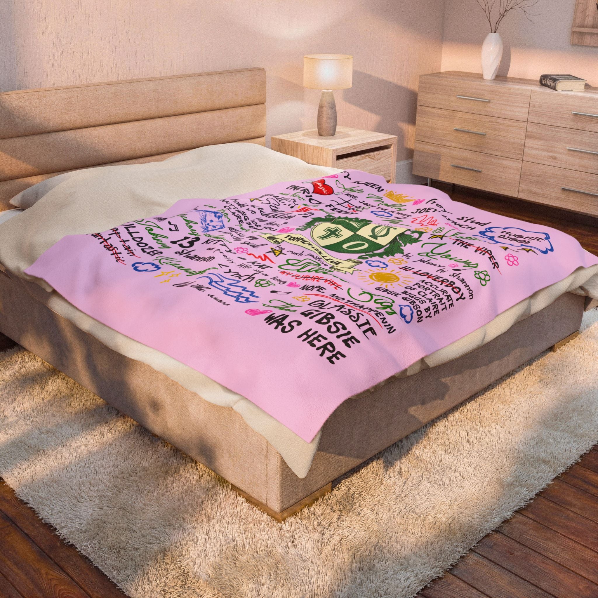 Velveteen Plush Blanket — Pink Doodle College Crest Throw